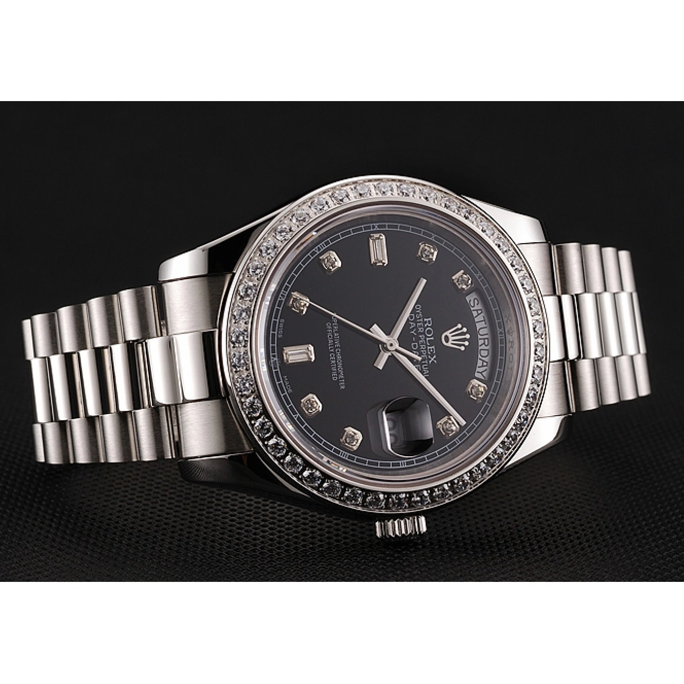 Aaa replica watch Day-Date Bracelet Swiss Stainless Rolex Black Case Diamond Diamond Steel Dial 1453966 Numerals 0522